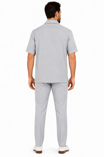 Men’s Light Gray Embroidered Walking Suit Set – 2 Piece Short Sleeve Casual Outfit