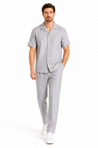Men's Short Sleeve Linen Plain Gray Casual Casual Two Piece Mens Walking Outfit For Sale Pant Sets Suit With Pleated Pant - Mens Linen Suit