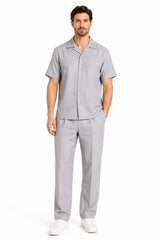 Men's Short Sleeve Linen Plain Gray Casual Casual Two Piece Mens Walking Outfit For Sale Pant Sets Suit With Pleated Pant - Mens Linen Suit