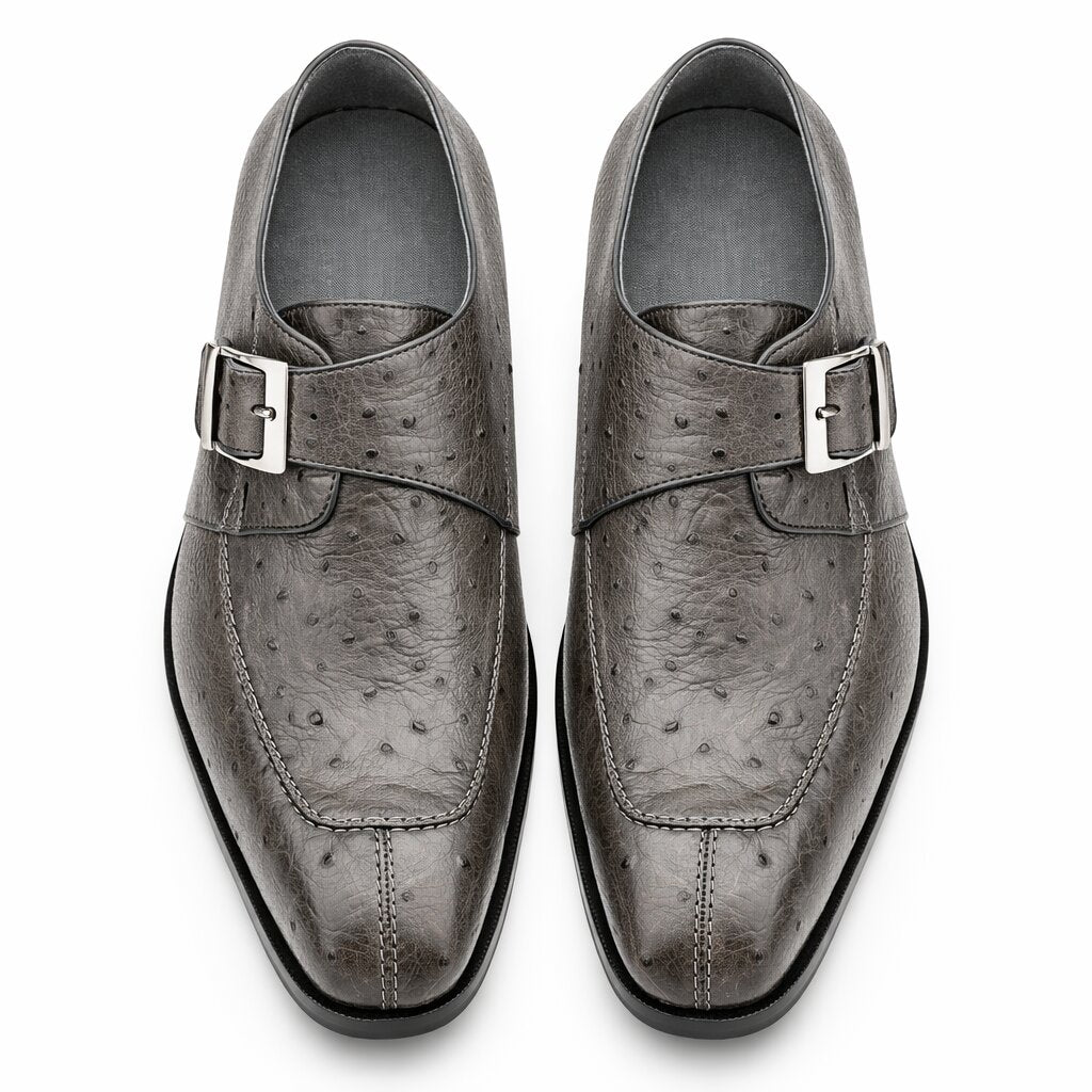 Belvedere Men's Shoes Gray Ostrich Side Buckle Strap Josh 114011