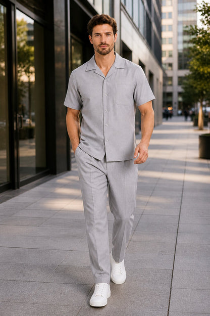 Men's Short Sleeve Linen Plain Gray Casual Casual Two Piece Mens Walking Outfit For Sale Pant Sets Suit With Pleated Pant - Mens Linen Suit