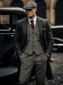 Men's Black Full-length Sleeves Buttoned Closure Peaky Blinders Suit - Peaky Blinders Outfit + Overcoat + Hat (Peaky Blinder Custome) - Image 35