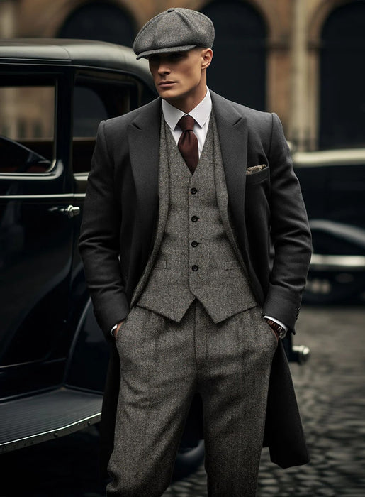 Brand New Quality 1920's English Style Peaky Blinders Style Vested Peaky Blinder Suit - Peaky Blinders Outfit + Overcoat + Hat (Peaky Blinder Custome)