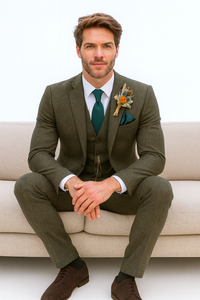 SKU#JA60784 Groomsmen Tweed Suit - Green Herringbone Western Suit - Traje Para Hombre