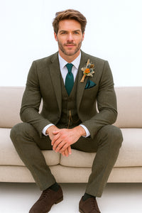 SKU#JA60784 Groomsmen Tweed Suit - Green Herringbone Western Suit - Traje Para Hombre