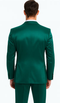 Stylish Green Satin Shiny Metallic Flashy with Sheen Slim Fit 3 Piece Tazzio Men's Suit with Peak Lapel