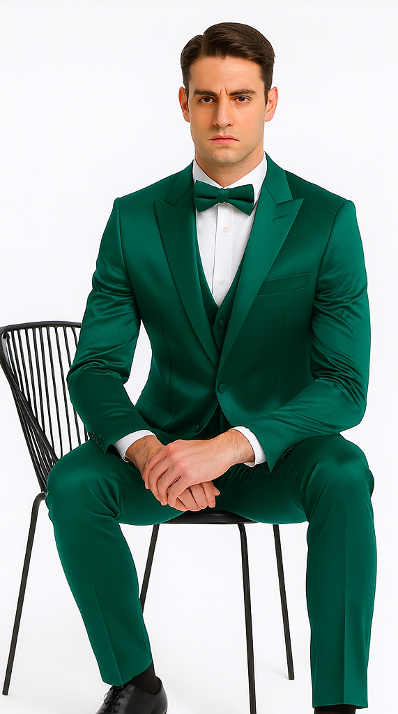 Stylish Green Satin Shiny Metallic Flashy with Sheen Slim Fit 3 Piece Tazzio Men's Suit with Peak Lapel