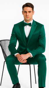 Stylish Green Satin Double Breasted Slim Fit 3 Piece Tazzio Men's Suit with Peak Lapel