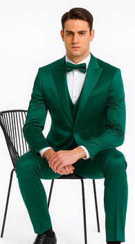 Stylish Green Satin Shiny Metallic Flashy with Sheen Slim Fit 3 Piece Tazzio Men's Suit with Peak Lapel