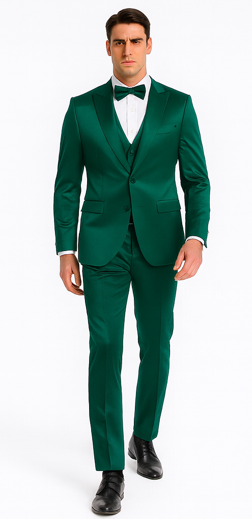 Stylish Green Satin Shiny Metallic Flashy with Sheen Slim Fit 3 Piece Tazzio Men's Suit with Peak Lapel