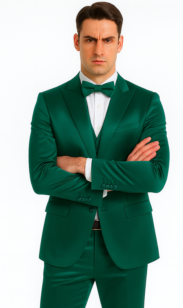 Stylish Green Satin Shiny Metallic Flashy with Sheen Slim Fit 3 Piece Tazzio Men's Suit with Peak Lapel