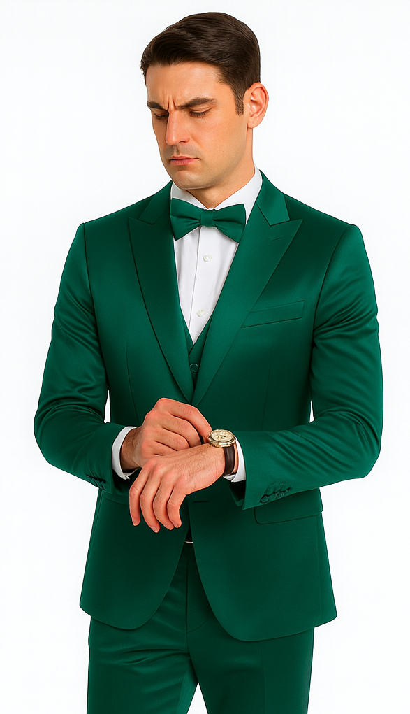 Stylish Green Satin Shiny Metallic Flashy with Sheen Slim Fit 3 Piece Tazzio Men's Suit with Peak Lapel