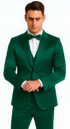 Stylish Green Satin Shiny Metallic Flashy with Sheen Slim Fit 3 Piece Tazzio Men's Suit with Peak Lapel