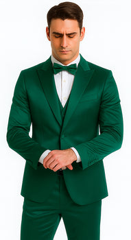Stylish Green Satin Shiny Metallic Flashy with Sheen Slim Fit 3 Piece Tazzio Men's Suit with Peak Lapel