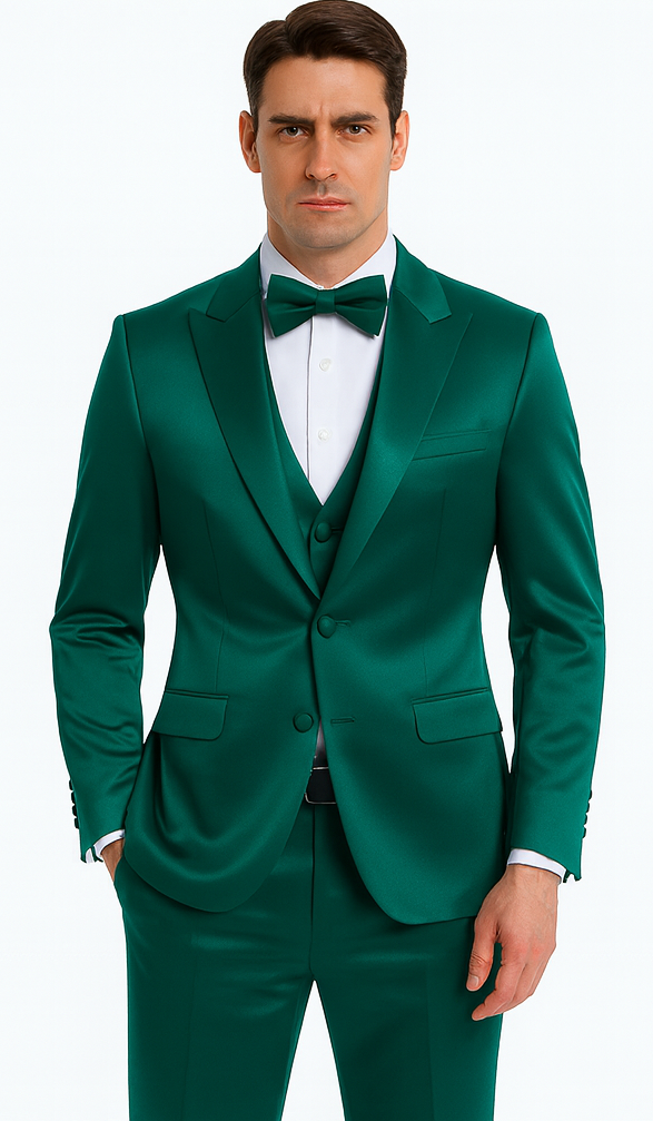 Stylish Green Satin Shiny Metallic Flashy with Sheen Slim Fit 3 Piece Tazzio Men's Suit with Peak Lapel