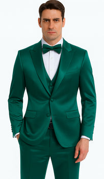 Stylish Green Satin Shiny Metallic Flashy with Sheen Slim Fit 3 Piece Tazzio Men's Suit with Peak Lapel