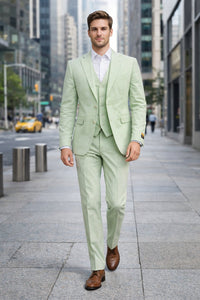 Men's Notch Label Green Colour Summer Seersucker Fabric Jacket and Pants 3 Piece Suit