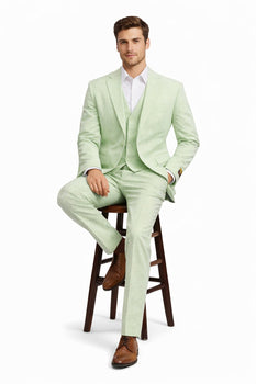 Men's Notch Label Green Colour Summer Seersucker Fabric Jacket and Pants 3 Piece Suit