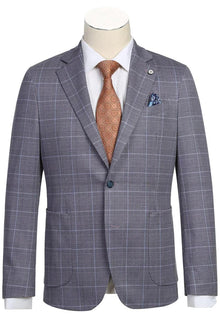 "Sophisticated Prom and Wedding Attire: Grey Blue Windowpane Plaid Pelago Half Canvas Sport Coat Blazer"
