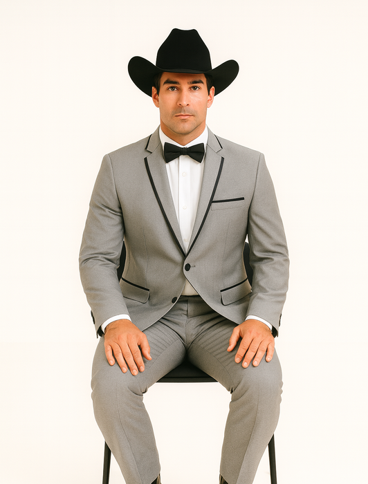 Grey~Gray 2 Button Collar Or Formal Suit & Dinner Jacker Or Blazer With Black Edge Trim Fashion Tuxedo For Men SA-M141s