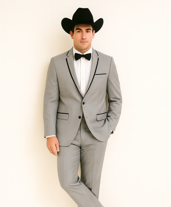 Grey~Gray 2 Button Collar Or Formal Suit & Dinner Jacker Or Blazer With Black Edge Trim Fashion Tuxedo For Men SA-M141s