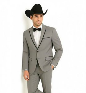 Grey~Gray 2 Button Collar Or Formal Suit & Dinner Jacker Or Blazer With Black Edge Trim Fashion Tuxedo For Men SA-M141s - Image 3