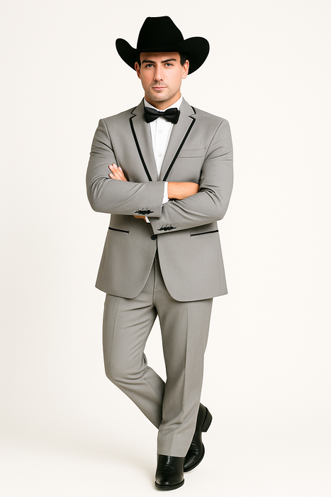 Grey~Gray 2 Button Collar Or Formal Suit & Dinner Jacker Or Blazer With Black Edge Trim Fashion Tuxedo For Men SA-M141s
