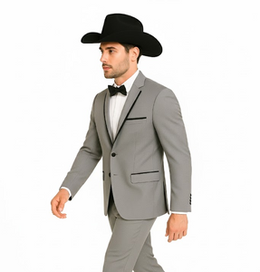 Grey~Gray 2 Button Collar Or Formal Suit & Dinner Jacker Or Blazer With Black Edge Trim Fashion Tuxedo For Men SA-M141s - Image 5