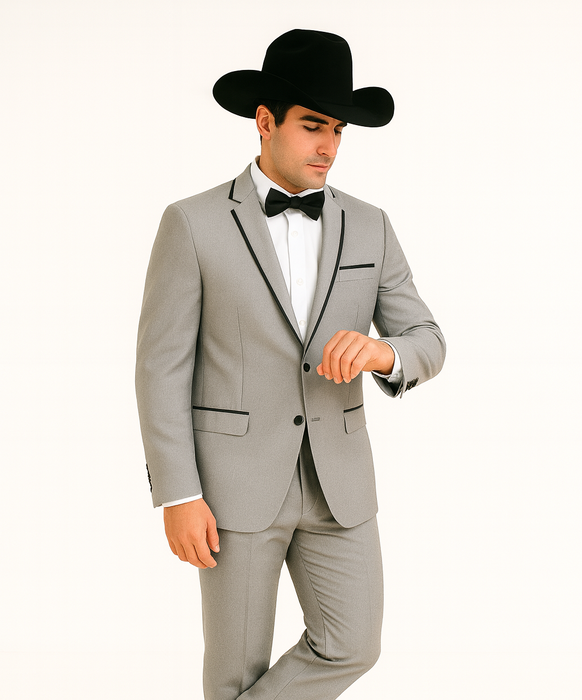 Grey~Gray 2 Button Collar Or Formal Suit & Dinner Jacker Or Blazer With Black Edge Trim Fashion Tuxedo For Men SA-M141s