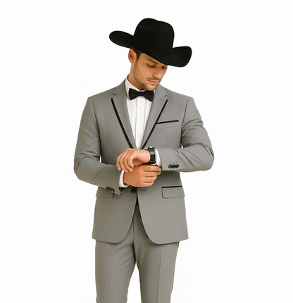 Grey~Gray 2 Button Collar Or Formal Suit & Dinner Jacker Or Blazer With Black Edge Trim Fashion Tuxedo For Men SA-M141s - Image 6