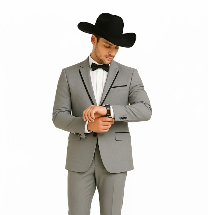 Grey~Gray 2 Button Collar Or Formal Suit & Dinner Jacker Or Blazer With Black Edge Trim Fashion Tuxedo For Men SA-M141s - Image 6