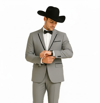 Grey~Gray 2 Button Collar Or Formal Suit & Dinner Jacker Or Blazer With Black Edge Trim Fashion Tuxedo For Men SA-M141s - Image 6