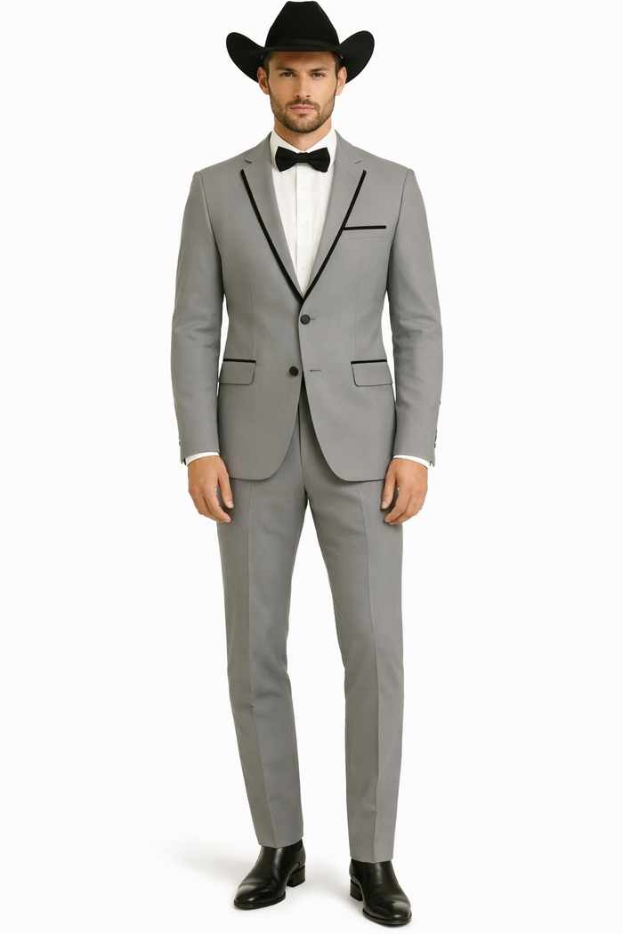 Grey~Gray 2 Button Collar Or Formal Suit & Dinner Jacker Or Blazer With Black Edge Trim Fashion Tuxedo For Men SA-M141s