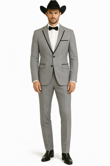 Grey~Gray 2 Button Collar Or Formal Suit & Dinner Jacker Or Blazer With Black Edge Trim Fashion Tuxedo For Men SA-M141s