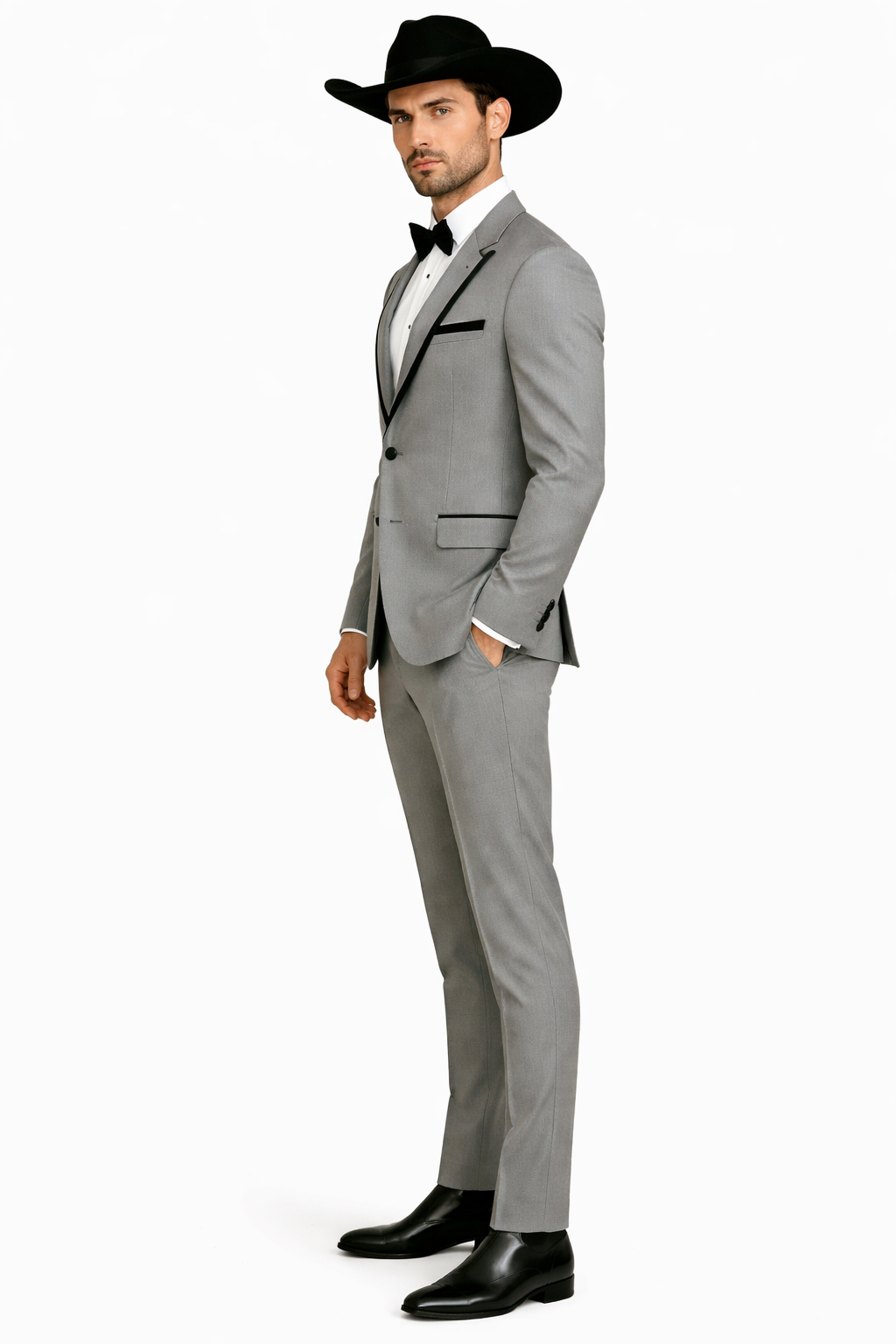 Grey~Gray 2 Button Collar Or Formal Suit & Dinner Jacker Or Blazer With Black Edge Trim Fashion Tuxedo For Men SA-M141s