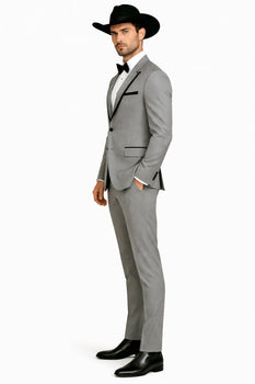 Grey~Gray 2 Button Collar Or Formal Suit & Dinner Jacker Or Blazer With Black Edge Trim Fashion Tuxedo For Men SA-M141s