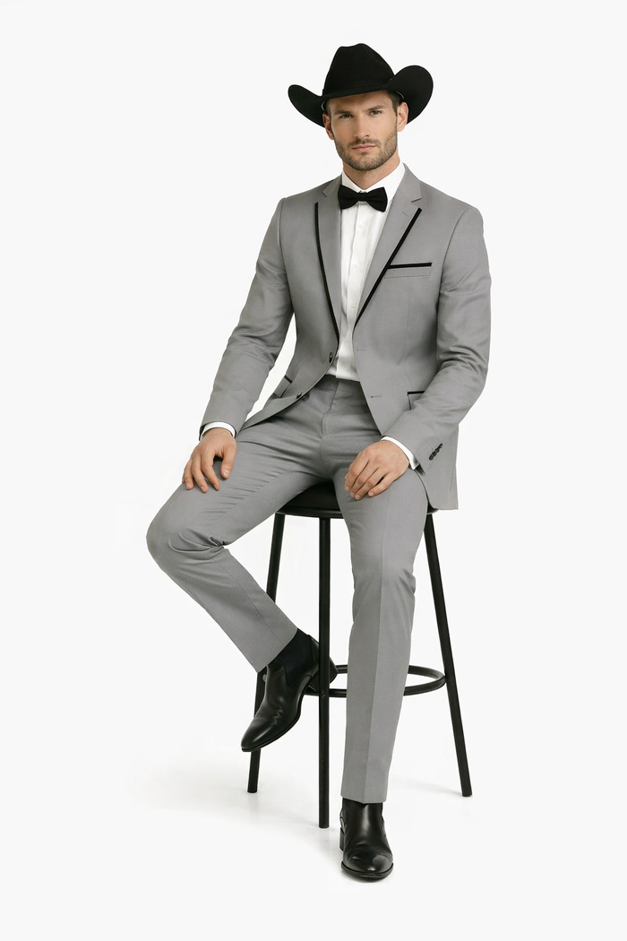 Grey~Gray 2 Button Collar Or Formal Suit & Dinner Jacker Or Blazer With Black Edge Trim Fashion Tuxedo For Men SA-M141s