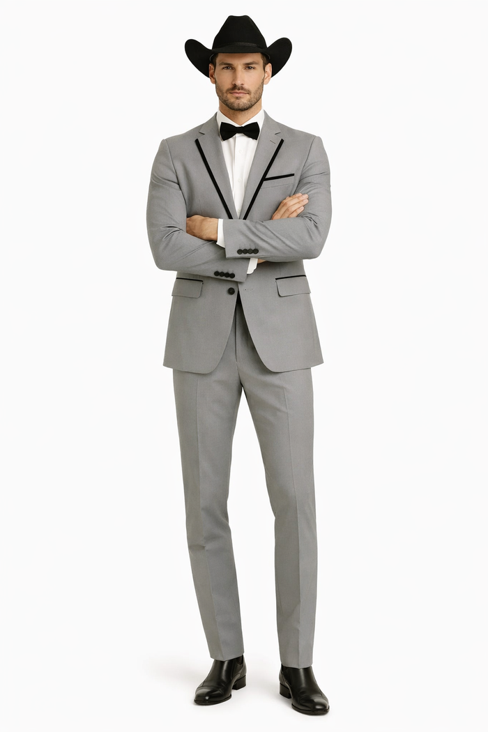 Grey~Gray 2 Button Collar Or Formal Suit & Dinner Jacker Or Blazer With Black Edge Trim Fashion Tuxedo For Men SA-M141s
