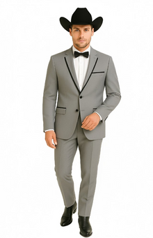 Grey~Gray 2 Button Collar Or Formal Suit & Dinner Jacker Or Blazer With Black Edge Trim Fashion Tuxedo For Men SA-M141s