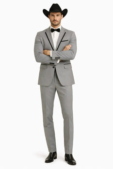 Grey~Gray 2 Button Collar Or Formal Suit & Dinner Jacker Or Blazer With Black Edge Trim Fashion Tuxedo For Men SA-M141s