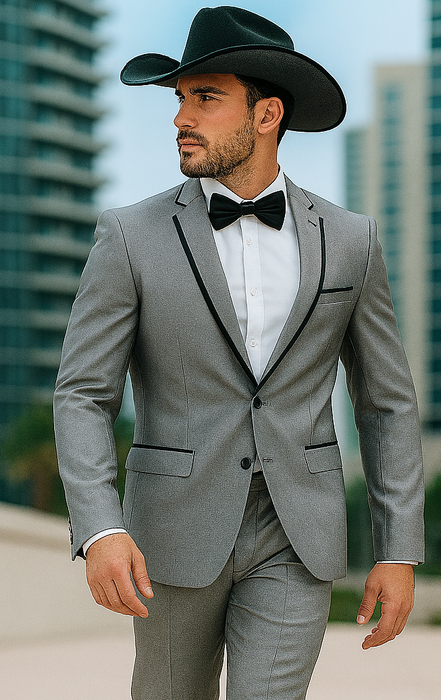 Grey~Gray 2 Button Collar Or Formal Suit & Dinner Jacker Or Blazer With Black Edge Trim Fashion Tuxedo For Men SA-M141s