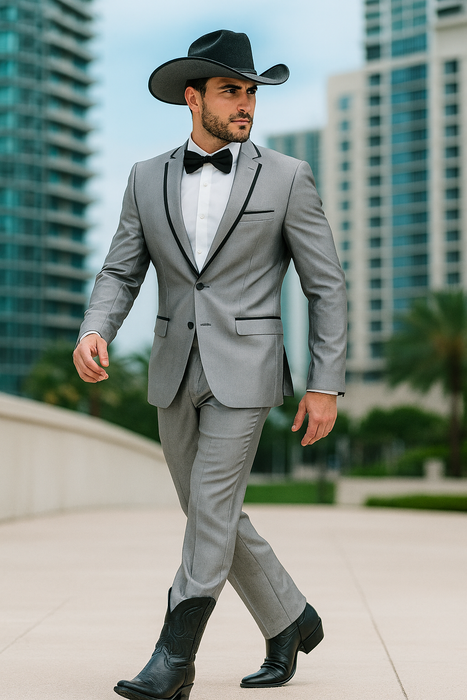 Grey~Gray 2 Button Collar Or Formal Suit & Dinner Jacker Or Blazer With Black Edge Trim Fashion Tuxedo For Men SA-M141s