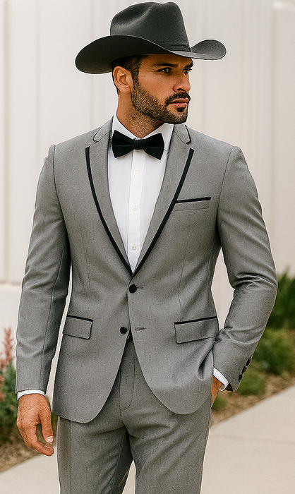 Grey~Gray 2 Button Collar Or Formal Suit & Dinner Jacker Or Blazer With Black Edge Trim Fashion Tuxedo For Men SA-M141s