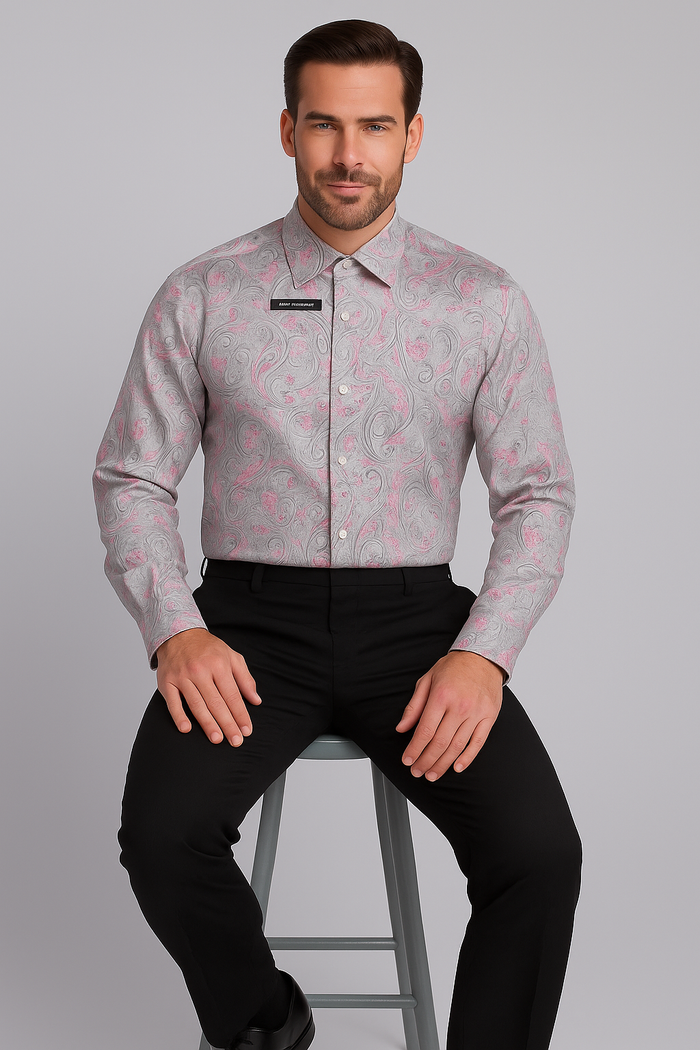 Mens Paisley Shirts - Club Fashion Dress Shirt Spread Collar in  Color Grey