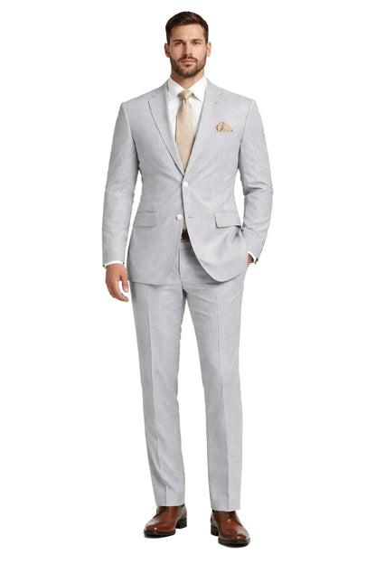 Modern Fit Summer 2 Piece 2 Button Suit Striped Seersucker in Navy