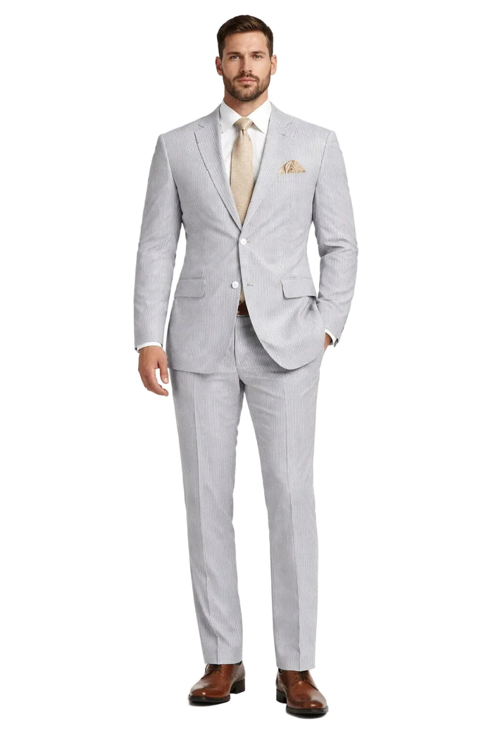 Modern Fit Summer 2 Piece 2 Button Suit Striped Seersucker in Navy