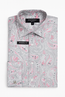 Mens Paisley Shirts - Club Fashion Dress Shirt Spread Collar in  Color Grey