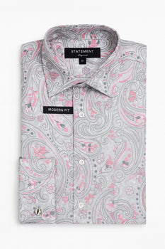 Mens Paisley Shirts - Club Fashion Dress Shirt Spread Collar in  Color Grey
