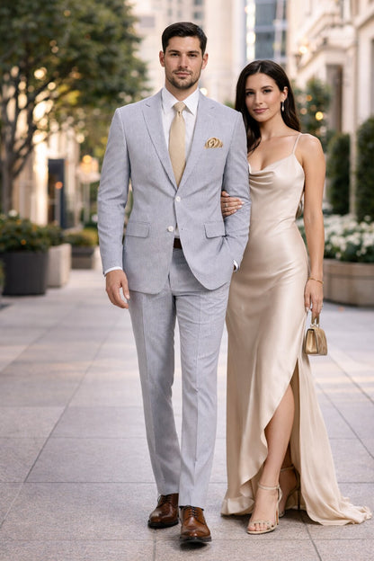 Modern Fit Summer 2 Piece 2 Button Suit Striped Seersucker in Navy