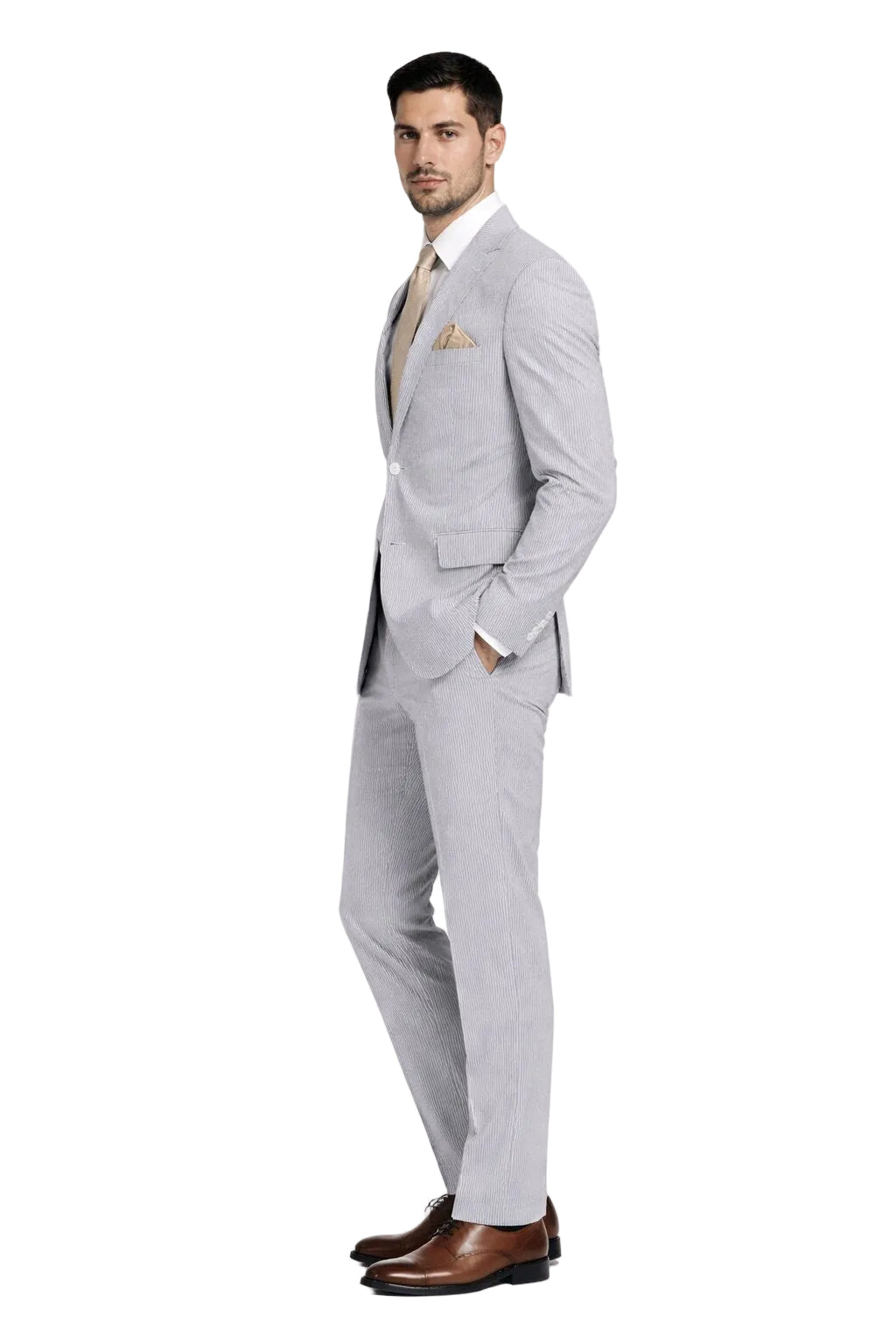 Modern Fit Summer 2 Piece 2 Button Suit Striped Seersucker in Navy
